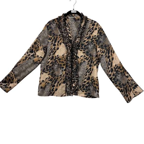 Tops - Unbranded Leopard Print Blouse Womens XL Tan Black Ruffle V-Neck Long Sleeve Top